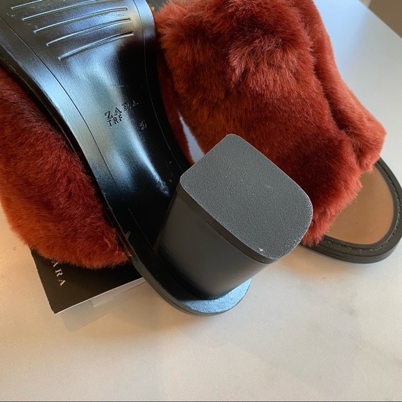 ZARA Faux Fur Block Heel Mule Brick Merlot Berry Maroon - Picture 7 of 9